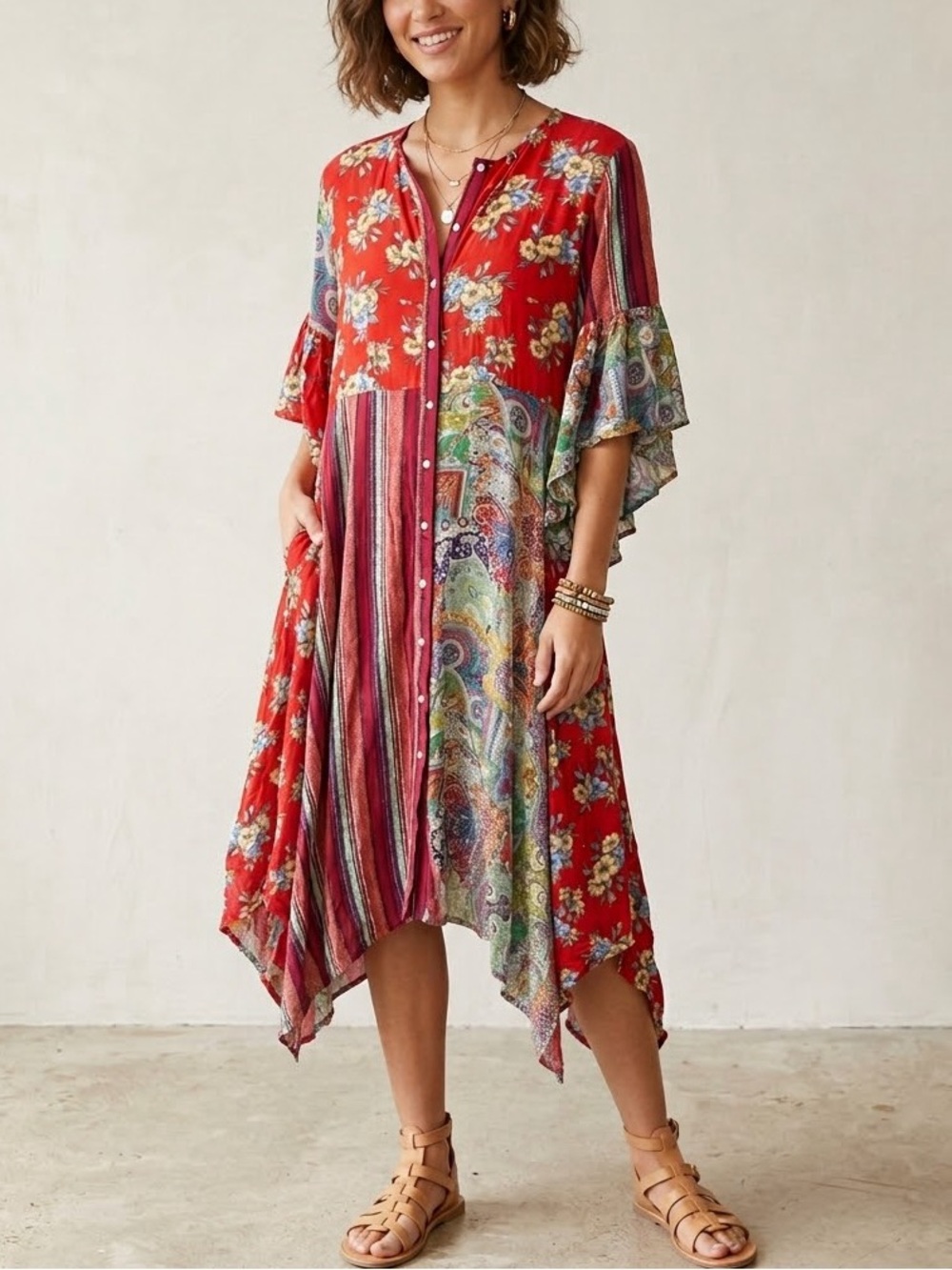 Umgee Floral Patchwork Asymmetrical Button-Front Dress Size Large Red Boho